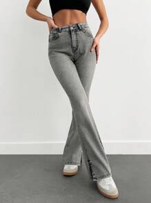 SHEIN PETITE Women Plain Front Button Pocket Long Pants, Casual Daily Wear