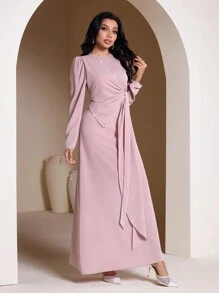 Veilorie 女士纯色圆领长袖简约休闲长款阿拉伯风格连衣裙