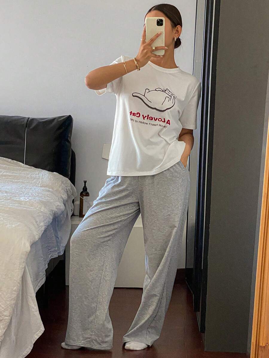 DAZY Cat Print Loose T-Shirt & Straight Sleepwear Pants Set - White - View 1