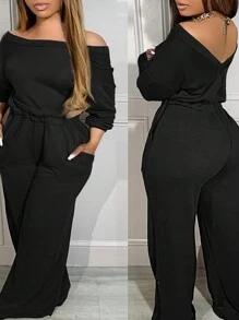 Plus Size Solid Color Loose Elegant Wide Leg Jumpsuit Fall Cloth For Women - Black - View 3