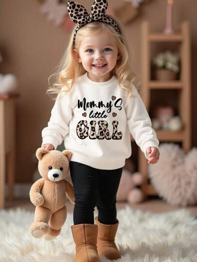 SHEIN Happikins Mommy's Little Girl Baby Girl Casual Soft Thick Crew Neck Long Sleeve Sweatshirt And Leggings Set, Suitable For Autumn/Winter