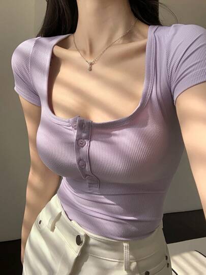 DAZY Women's Solid Color Front Button Short Sleeve Casual Blouse, Daily Wear