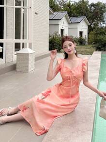 DAZY Women V-Neck Floral Drawstring Waist Cap Sleeve Mid-Length Dress - Pink - View 5