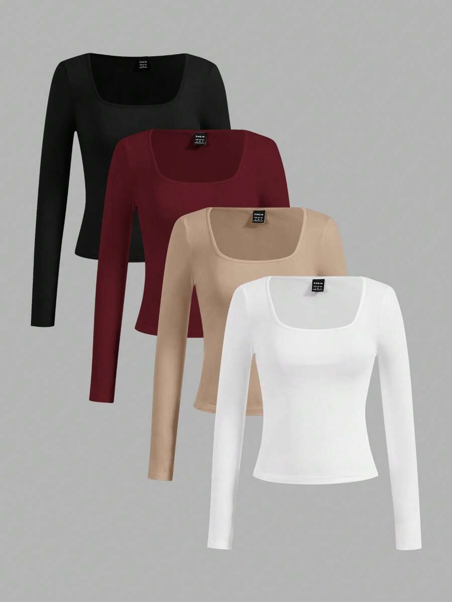 SHEIN Essnce 4pcs Set Casual Solid Color Square Neck Long Sleeve T-Shirts For Women, Versatile, Suitable For Spring & Autumn - Multicolor - View 1
