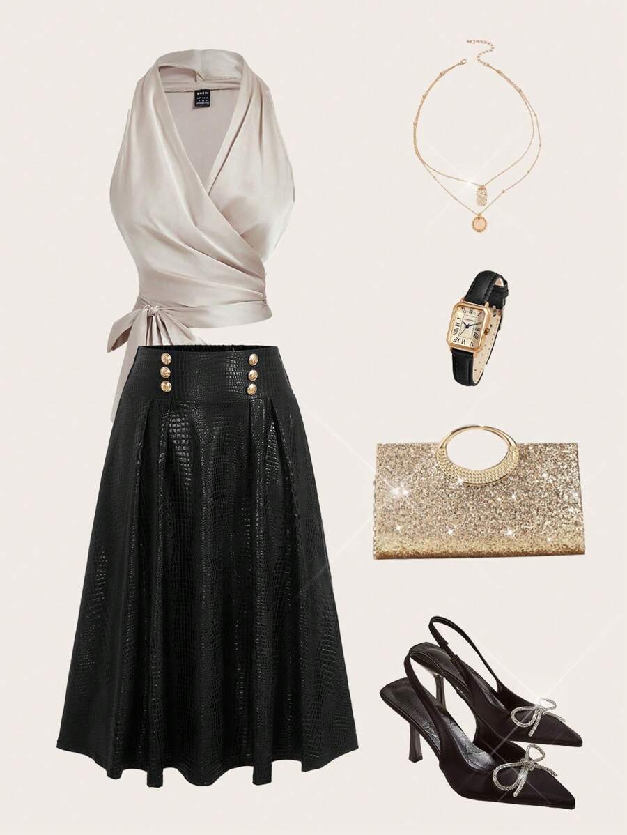 Ellevyn Elegant Female Black Serpentine Stretch Button Detail Fold & Pleat Detail Skirt - Black - View 1