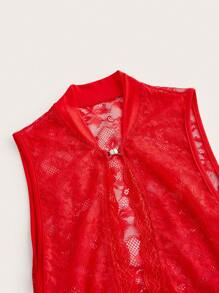 SHEIN ICON 女士镂空侧开叉下摆无袖透明 Y2K 派对性感哥特式红色中国风蕾丝连衣裙，适合中国新年