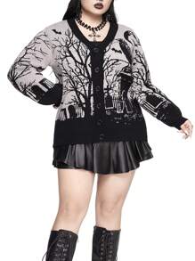 ROMWE Goth 哥特式恐怖乌鸦、蝙蝠、月亮、墓碑和树枝印花宽松拼色开衫，加大码，适合冬季 - 黑色 - 查看 6