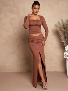 L'Amorae Vară pentru femei, Haine pentru femei, Top scurt cu croială slim, culoare solidă, decolteu pătrat, mânecă lungă, plisat, toamnă, top cu mânecă lungă, top scurt, topuri pentru ieșiri în oraș, topuri sexy pentru femei pentru întâlniri, concerte, spectacole, petreceri, cluburi, festivaluri de muzică