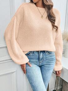 SHEIN LUNE Women's Solid Color Crew Neck Long Sleeve Casual Sweater - Dusty Pink - View 4