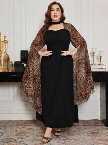 Modelyn 大码优雅豹纹拼布喇叭下摆长袖中长连衣裙，常规款式，适合春秋季节 - 黑色 - 查看 1