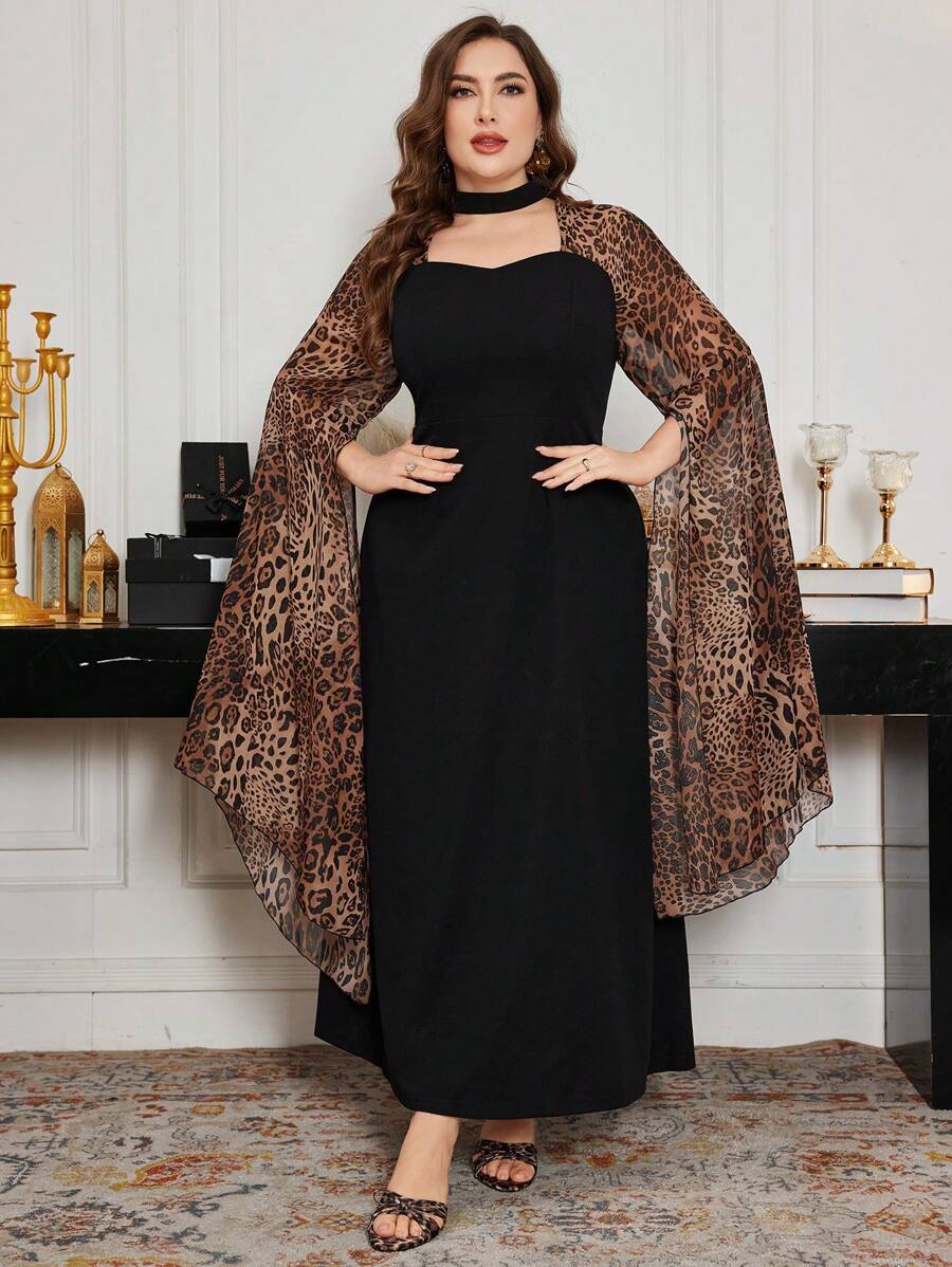Modelyn 大码优雅豹纹拼布喇叭下摆长袖中长连衣裙，常规款式，适合春秋季节 - 黑色 - 查看 1