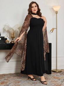 Modelyn 大码优雅豹纹拼布喇叭下摆长袖中长连衣裙，常规款式，适合春秋季节 - 黑色 - 查看 3