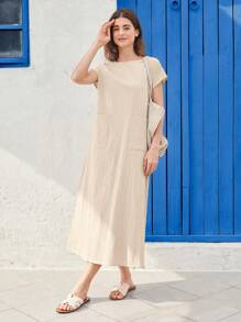 EMERY ROSE Women Casual Round Neck Short Sleeve Pocket Midi Dress, Suitable For Spring And Summer Everyday Outdoor Wear - Khaki - View 5