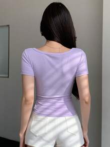 Joudiya 女款純色前開扣短袖休閒上衣，日常穿著可愛外出上衣 - 紫色 - 查看 2