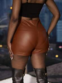 SHEIN PETITE Fashionable Asymmetrical Studded Brown Mini Skirt Shorts For New Year - Brown - View 2