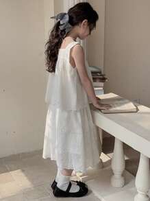 Dazy Kids 2pcs/Set Girls Tween Girl Sleeveless Square Neck Top + A-Line Skirt Outfit, Summer Vacation - White - View 4