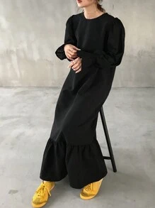 FRIFUL Women's Solid Color Round Neck Ruffle Long Sleeve Loose Casual Dress, Autumn - Black - View 3