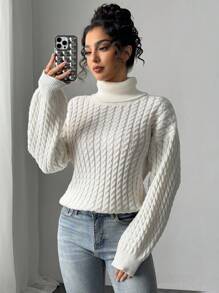 Firerie Elegant Casual Warm Beige High Neck Cable Knit Sweater, Autumn/Winter New Style