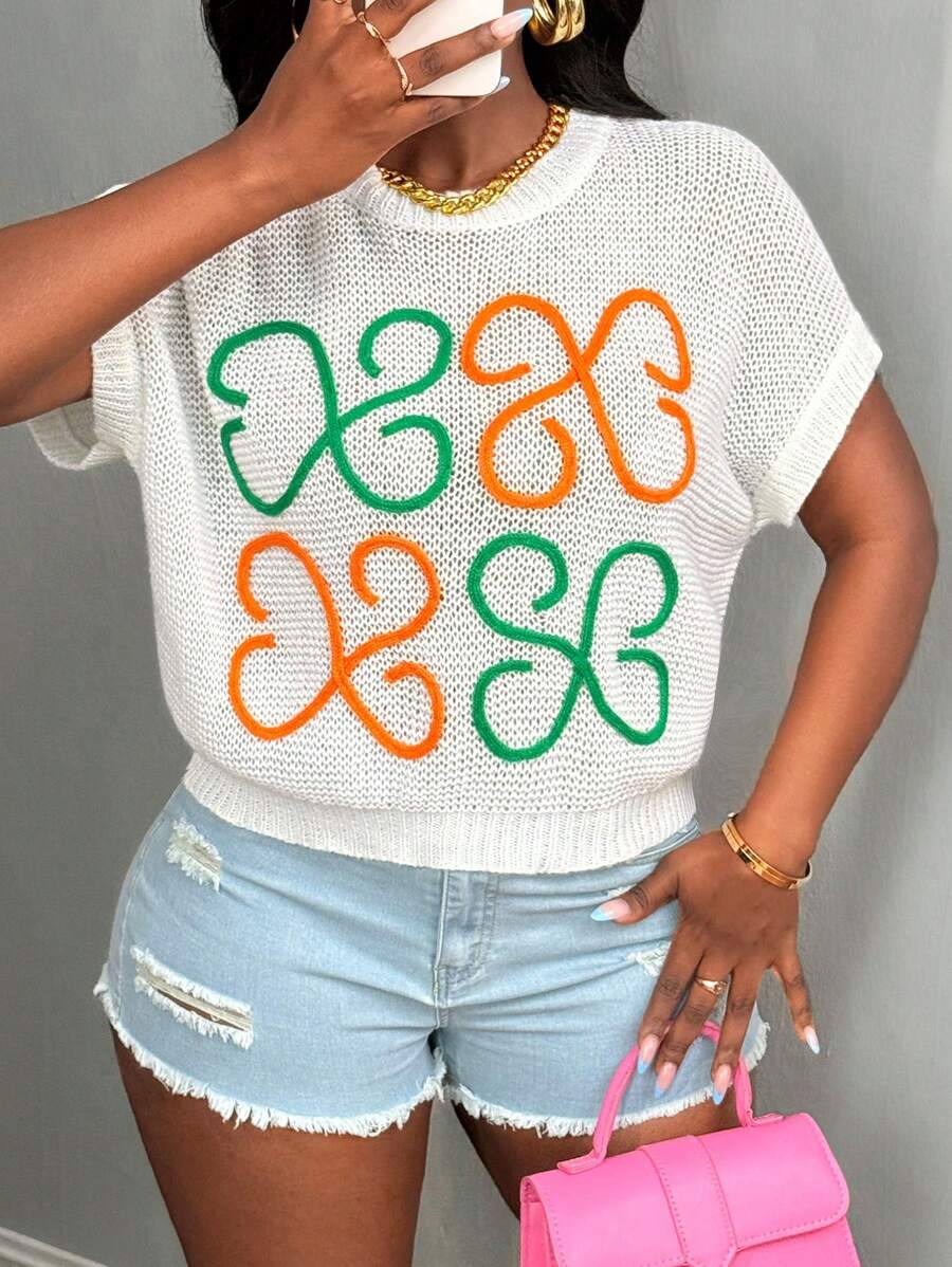 BamGleam New White Crewneck Sweater Vest, Handmade Embroidery Chunky Knit Hollow-Out Colorblock Loose Casual Women Sweater Vest - White - View 1