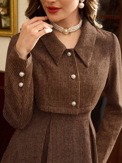 Vintamour 复古优雅女装两件套冬季提花无袖方领连衣裙搭配 A 字裙长袖短款夹克搭配仿珍珠纽扣办公室服装冬季女装复古女式夹克女式套装冬季女式外套两件套冬季服装女式两件套新年夜连衣裙冬季夹克情人节情人节情人节情人节连衣裙