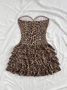 Soleia Women's Holiday Bandeau Twist Vintage Leopard Print Layered Ruffle Hem Cinched Waist Mini Dress, For Parties