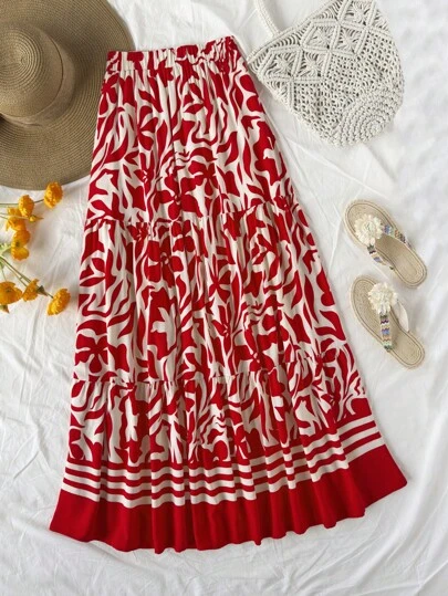 Soleia 女士度假红色花卉印花 A 字裙，适合海滩度假休闲、派对、圣诞节、情人节、约会