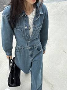 DAZY 女式秋季纽扣前口袋休闲牛仔连体裤长袖