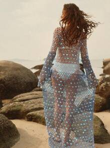 Anewsta Women's Plain Color Splicing Sequin Hollow Long Kimono Cover-Up Summer