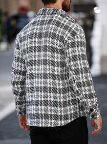 Manfinity Homme Plus Size Men's Plaid Long Sleeve Single Breasted Casual Shacket, Autumn/Winter - Black and White - View 2