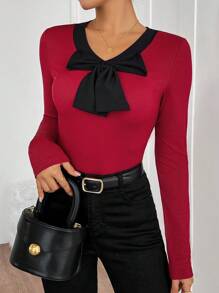 Chiquease Women's V-Neck Contrast Color Bowknot Decor Raglan Sleeve T-Shirt, Autumn/Winter - Burgundy - View 3