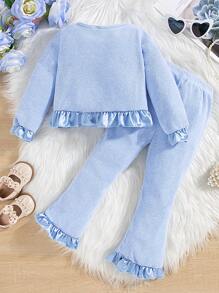 SHEIN 2pcs Young Girl Sets - Ruffle Hem Long Sleeve Sweater With Flared Pants, Thick & Comfortable Winter Fashion Look - Blue - View 2