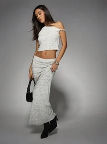 MISSGUIDED Heathered Co-Ord Set Off Shoulder Crop Top Maxi Skirt Festival Boho Beach Holiday Casual Summer Spring Fall Concert Outfit - Multicolor - View 1
