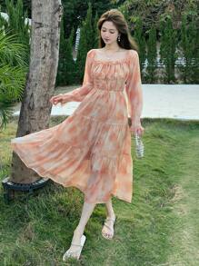 DAZY 女士泡泡袖收腰A字中长连衣裙度假装扮 女士碎花 - 杏色 - 查看 6