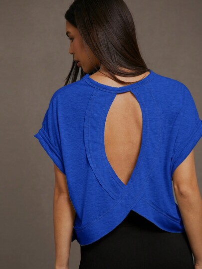 SHEIN Essnce Women Solid Color Round Neck Backless Batwing Sleeve Casual Daily Short Sleeve T-Shirt