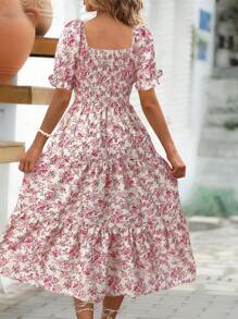 Breezaya Vestido informal de largo midi con estampado integral, cuello cuadrado y mangas cortas para mujer - Rosa - Ver 2