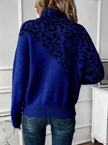 SHEIN LUNE Women Leopard Pattern High Neck Loose Fit Pullover Sweater, Autumn/Winter Knit Pullover Fall Sweater - Royal Blue - View 2