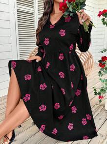 SHEIN LUNE Plus Size Women Elegant Woven Damask Rose V-Neck Mid-Length Dress, Casual For Spring Valentine's Day Fall Cloth For Women - Black - View 4
