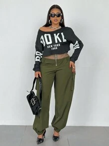 大码纯色网眼拼布前拉链口袋休闲宽松裤，日常穿着 - 綠色 - 查看 6