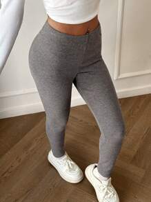 SHEIN Unity Women's Solid Color Casual Leggings, Minimalist Style For Daily Wear Fall Cloth For Women - Grey - View 6