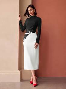 MOTF PREMIUM 亮片花卉刺绣拼色连衣裙 - 黑與白 - 查看 6