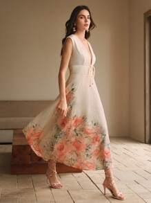 Anewsta Französischer Stil Tiefer V-Ausschnitt Positionsdruck Ärmellos Midi Blumenkleid für Frauen