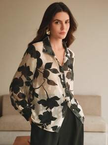 Anewsta Ladies' Autumn Woven French Jacquard Printed Black Apricot Versatile Long Sleeved Shirt Elegant, Casual, Vacation, Spring - Black - View 7