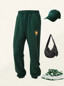 SHEIN Explorewe 1pc Retro Teenager Boy American Style Basketball Graphic College Knit Sports Sweatpants, Versatile Vintage Look - Dark Green - View 9