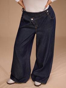 Forever 21 Plus Size Women Asymmetric Waist Pockets Wide Leg Loose Casual Jeans