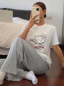 DAZY Cat Print Loose T-Shirt & Straight Sleepwear Pants Set - White - View 4