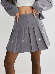 Enchnt Women's Grey Summer Elegant Tea Party Pearl&Sequin Floral Embroidery Pleated Mini Skirt,Stylish For Valentine's Day&Christmas&Birthday&Daily - Grey - View 3