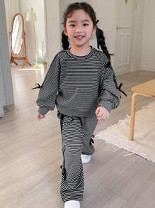 DAZY 2pcs/Set Young Girl Round Neck Knit Sweatshirt Outfit, Fall/Autumn - Black and White - View 1