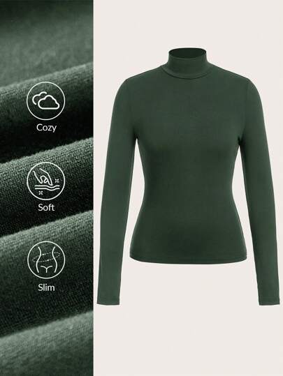 SHEIN BASICS Camiseta de manga larga de punto ajustada de unicolor casual para mujer