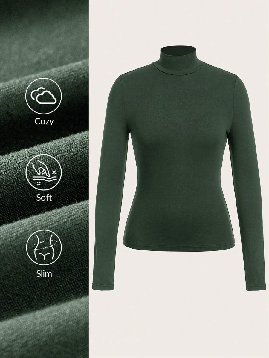 SHEIN BASICS 女士休闲纯色针织修身常规领长袖T恤 - 墨綠色 - 查看 1