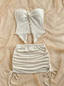 Soleia 2pcs/Set Women's Solid Twist Bandeau Top & Side Drawstring Mini Skirt Two Pieces Set, Valentine's Day, Vacation, Summer Western Wear, Birthday Beach Outfit,Vacation Outfits Woman,Mardi Gras